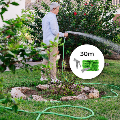 Tuyau d'arrosage extensible vert de 30 mètres avec pistolet